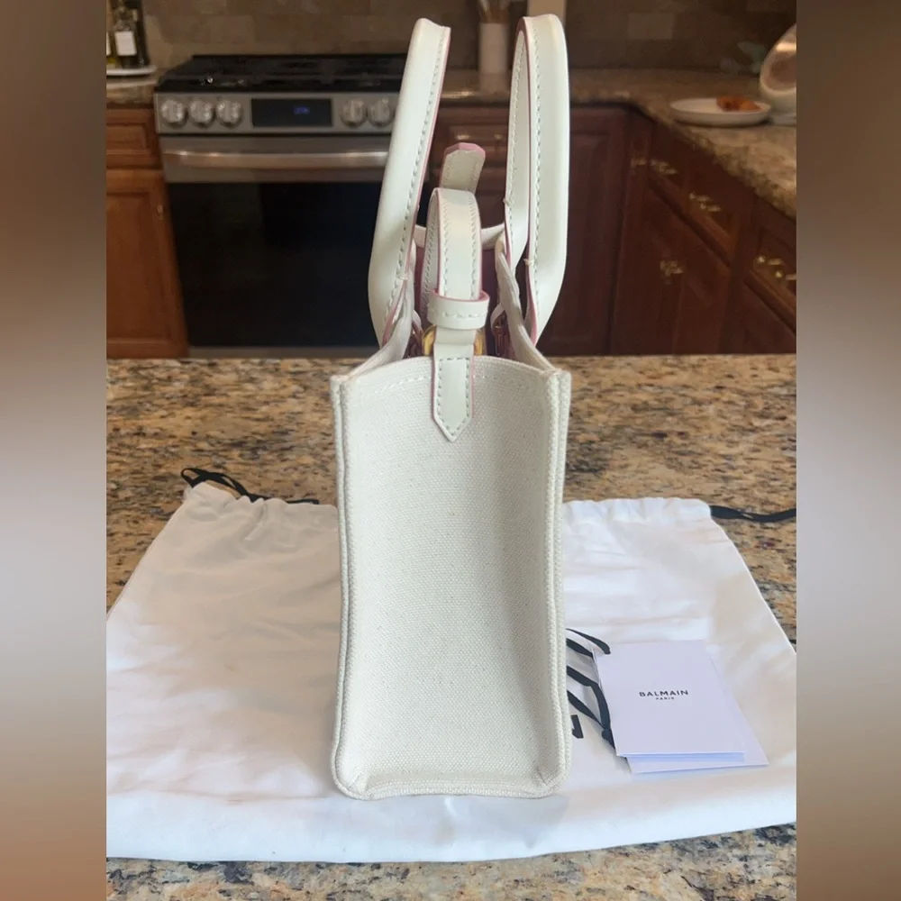 Authentic Balmain Paris Small B-Army Tote White Canvas Pink leather trim logo.
